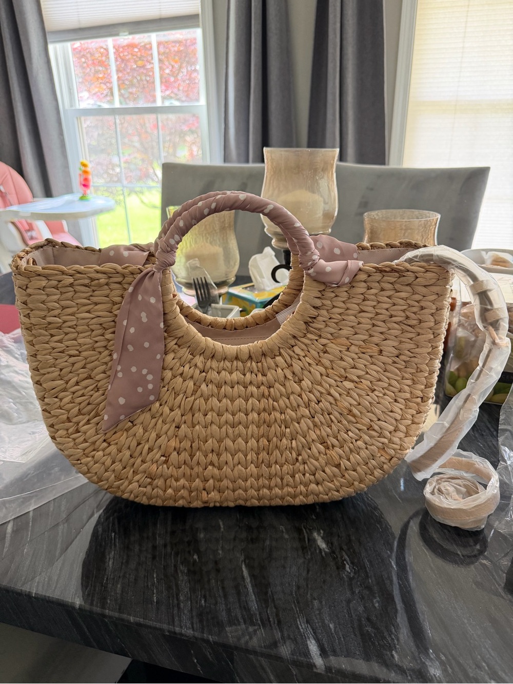 Woven Straw Circle-Handle Tote with Pink Polka Dot Scarf